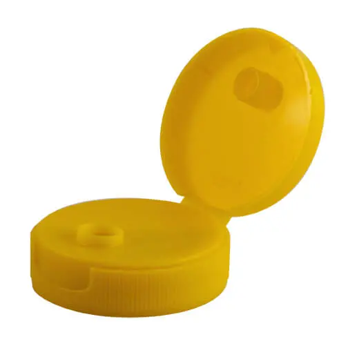 38-400 Yellow Flip-Top Spouted Cap with HIS Liner and Lift-n-Peel Tab