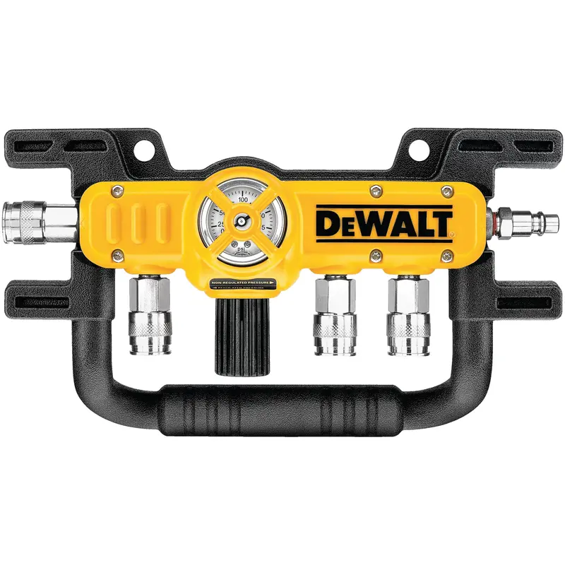 DEWALT D51855 Quad-Port Air Line Splitter – Adjustable Regulator & Dual Pressure Gauges