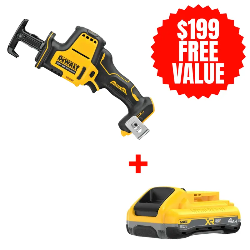 DEWALT DCS369B Atomic 20V MAX Brushless One-Handed Reciprocating Saw – Bare Tool + Free 20V MAX XR POWERPACK 4.0Ah Battery