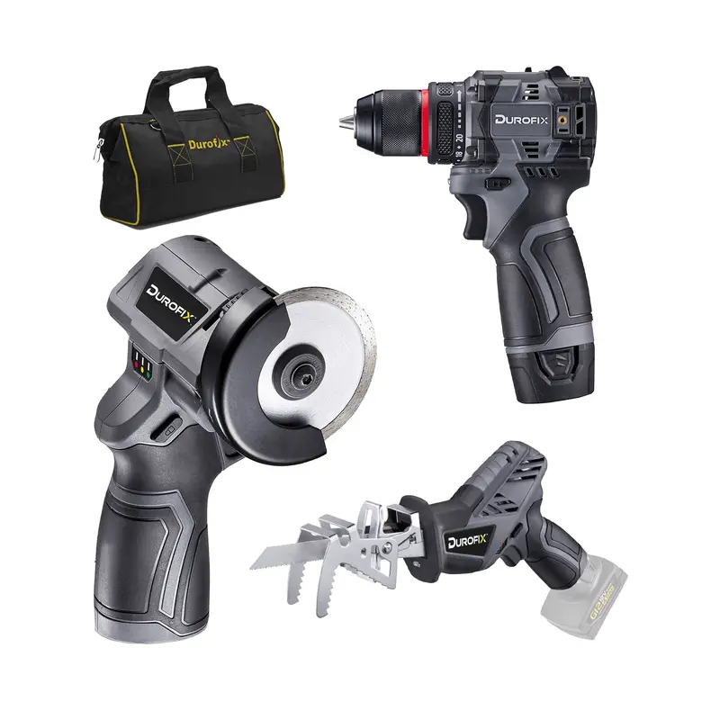 Durofix RK12136-2-K2: 12V Cordless 3-in-1 Hammer Drill, Cut-Off Tool & Reciprocating Saw