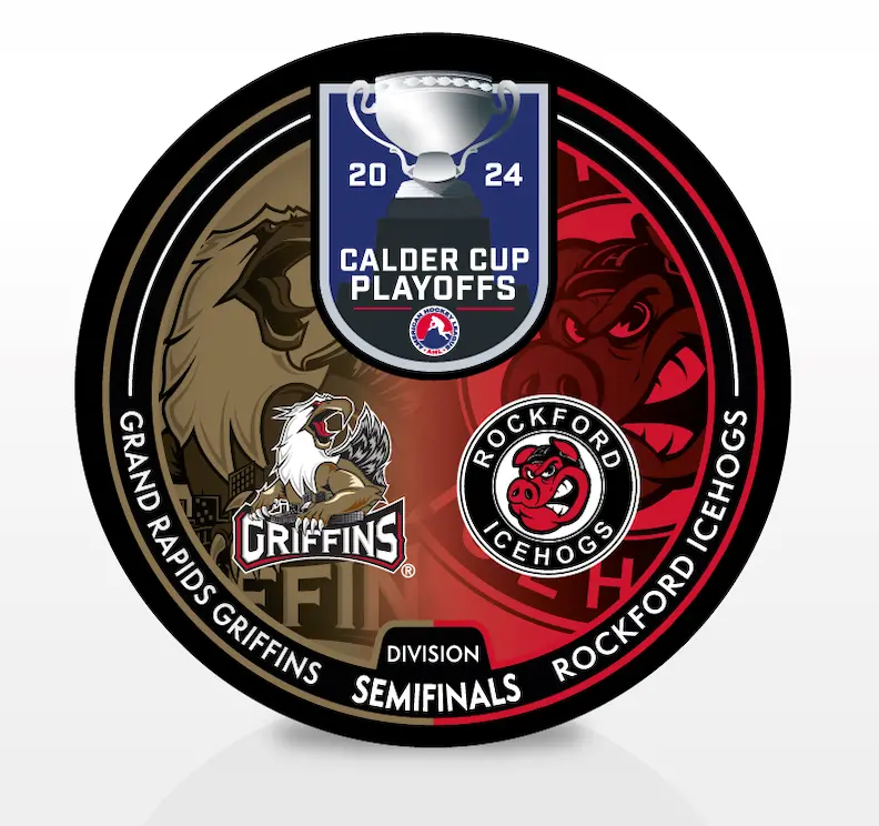 Grand Rapids Griffins vs Rockford Icehogs – 2024 Calder Cup Playoffs Dual-Logo Souvenir Puck