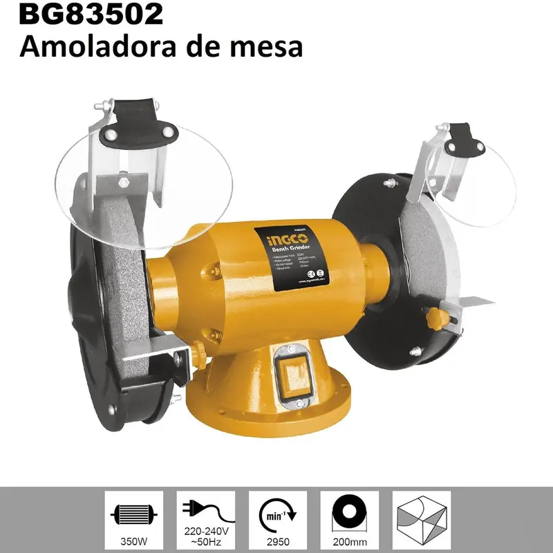 Ingco BG83502 350W Bench Grinder – 200mm Wheels, Adjustable Tool Rest & Built-in Storage for Precision Grinding