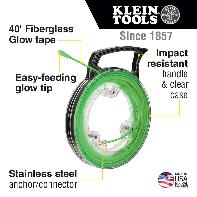 Klein Tools 50660 Glow-in-the-Dark Fish Tape – 40-Foot Retractable