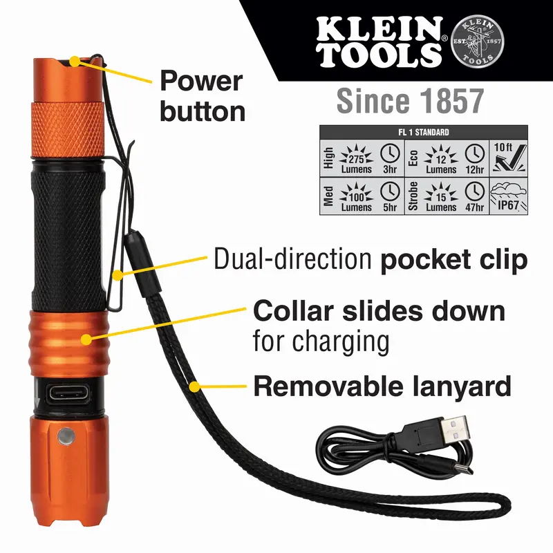 Klein Tools Rechargeable Waterproof LED Pocket Light – Lanyard-Ready Compact Flashlight (56411)