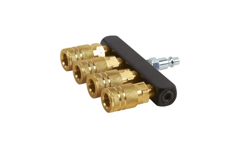 Metabo HPT 115315M 4-Port Aluminum & Brass Manifold – 1/4″ NPT Female with Couplers and Plug