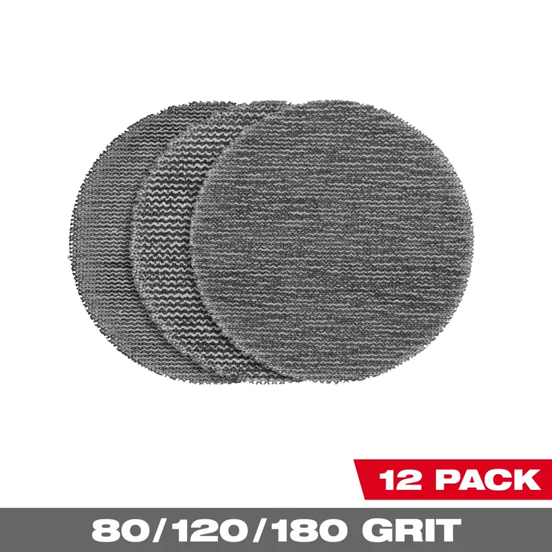 Milwaukee 3″ Assorted Grit Mesh Sanding Discs (80/120/180) with POWERGRID Tear-Resistant Backing – 12-Pack + Pad Saver (48-80-6405)