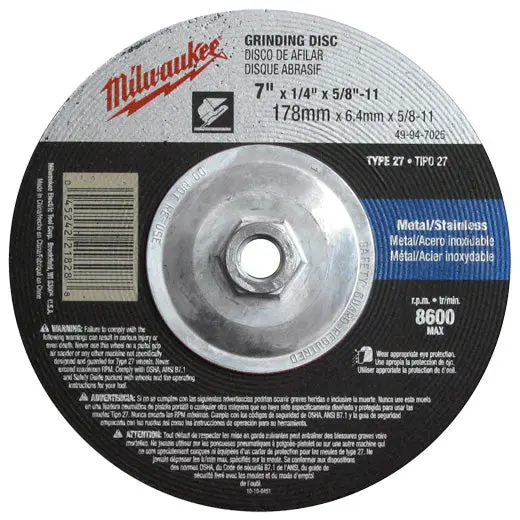 Milwaukee 49-94-9025 9″ Type 27 Grinding Wheel – 1/4″ Thick, 5/8-11″ Arbor (10-Pack)