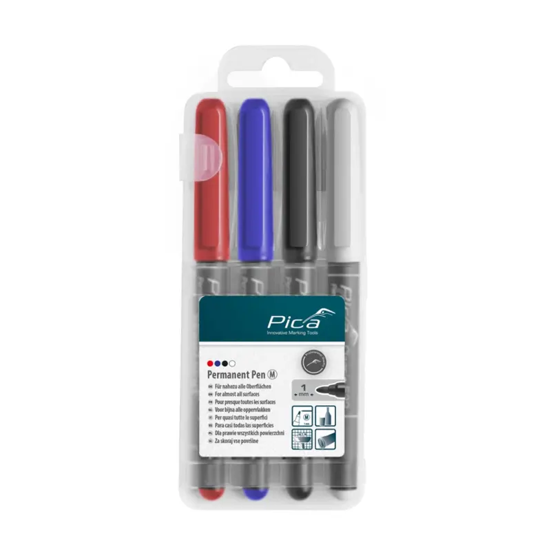 Pica 534/04 Permanent Marker 4-Pack – Fine 1mm Round Tip in Red, Blue, Black & Instant White