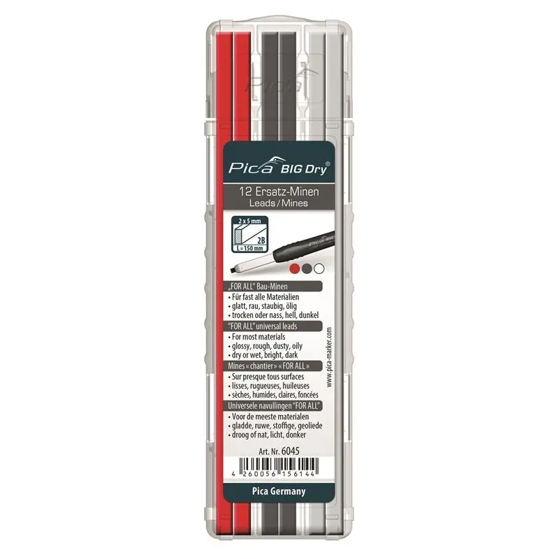 Pica BIG Dry Refill Leads – Red/Black/White Assortment, 12-Pack (Model 6045)