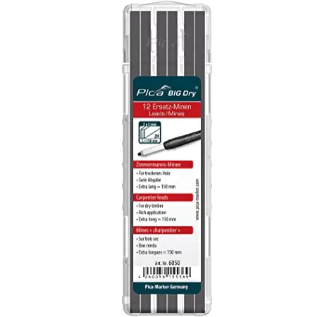 Pica BIG Dry Refill Set – Carpenter Grade, 2H Hardness, 12-Pack (Model 6050)