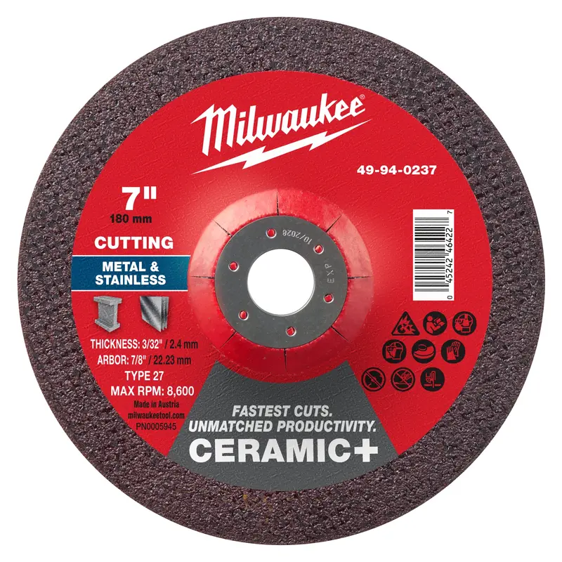 Milwaukee Ceramic+ Metal Cut-Off Wheel – 7" X 3/32" X 7/8", Type 27 1